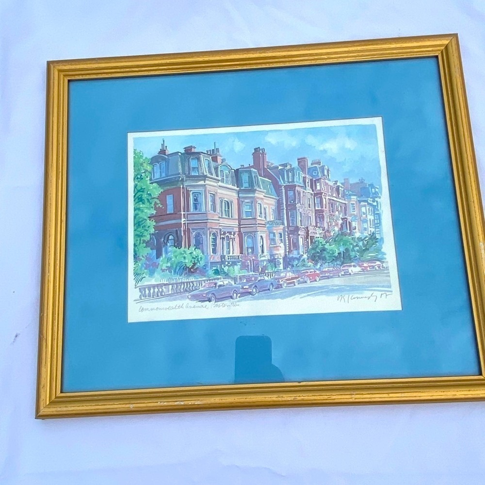 Signed Boston Commonwealth Avenue Watercolor Framed Back Bay Brownstone Street